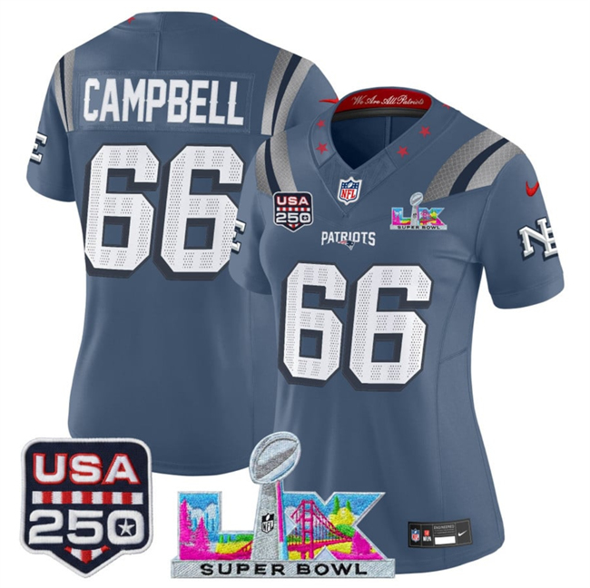 Women's New England Patriots #66 Will Campbell Storm Blue 2025 F.U.S.E. Super Bowl LX & USA 250' Patch “Rivalries” Vapor Limited Football Stitched Jersey(Run Small)